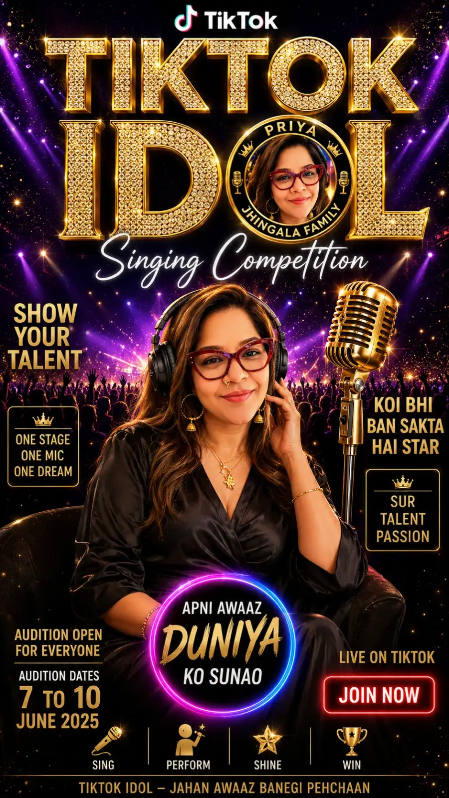 Luxury music event poster featuring international online vocal talent show with singers, microphones, and live entertainment design.