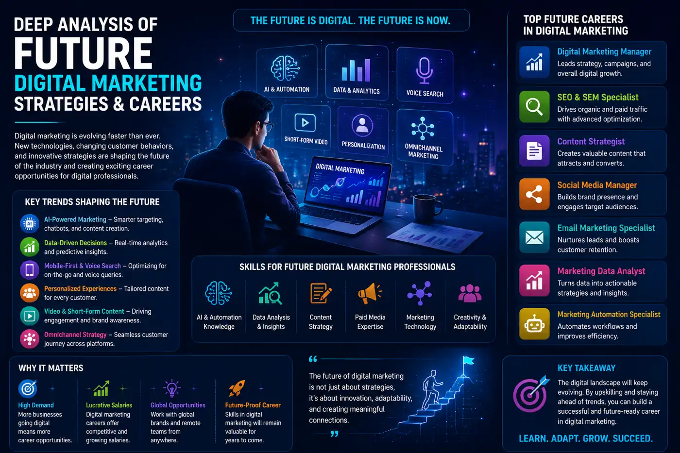 Future digital marketing strategies with AI automation and customer engagement visuals