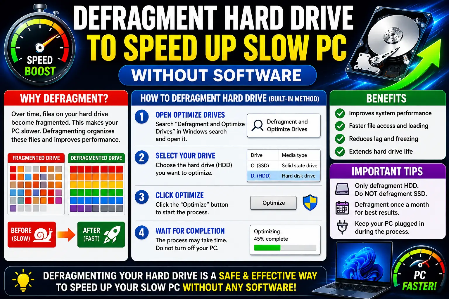 defragment hard drive to speed up slow PC without software
