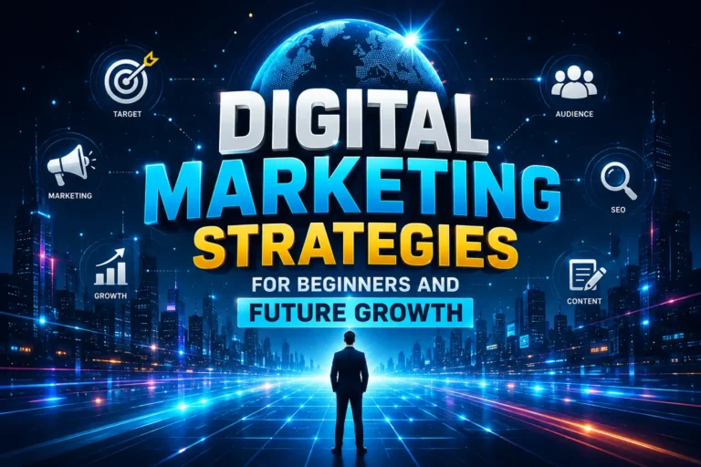 Digital marketing infographic showing SEO social media and content marketing growth strategies