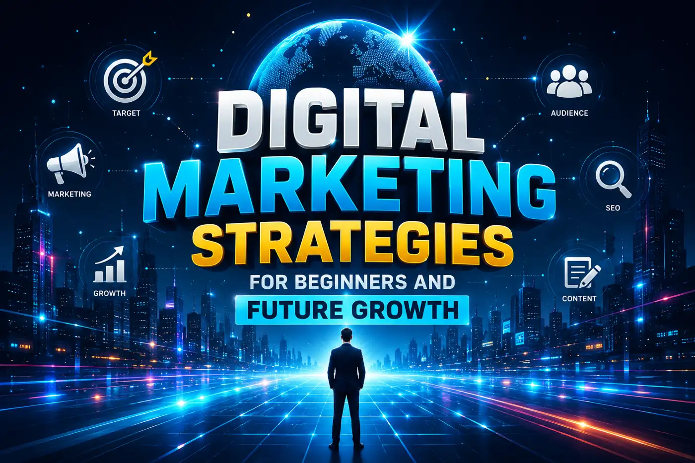 Digital marketing infographic showing SEO social media and content marketing growth strategies