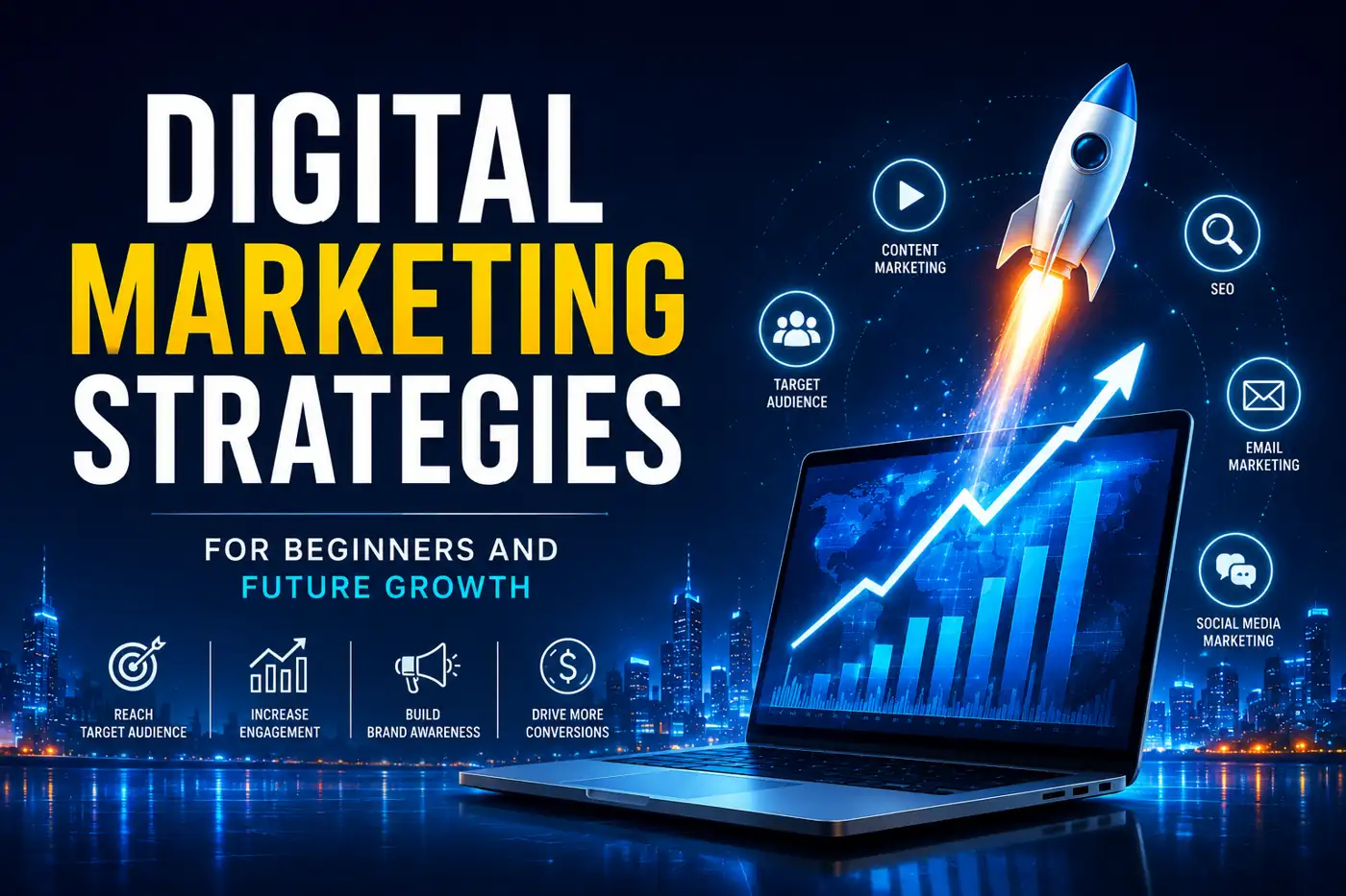 Digital marketing strategies with SEO and social media marketing illustration