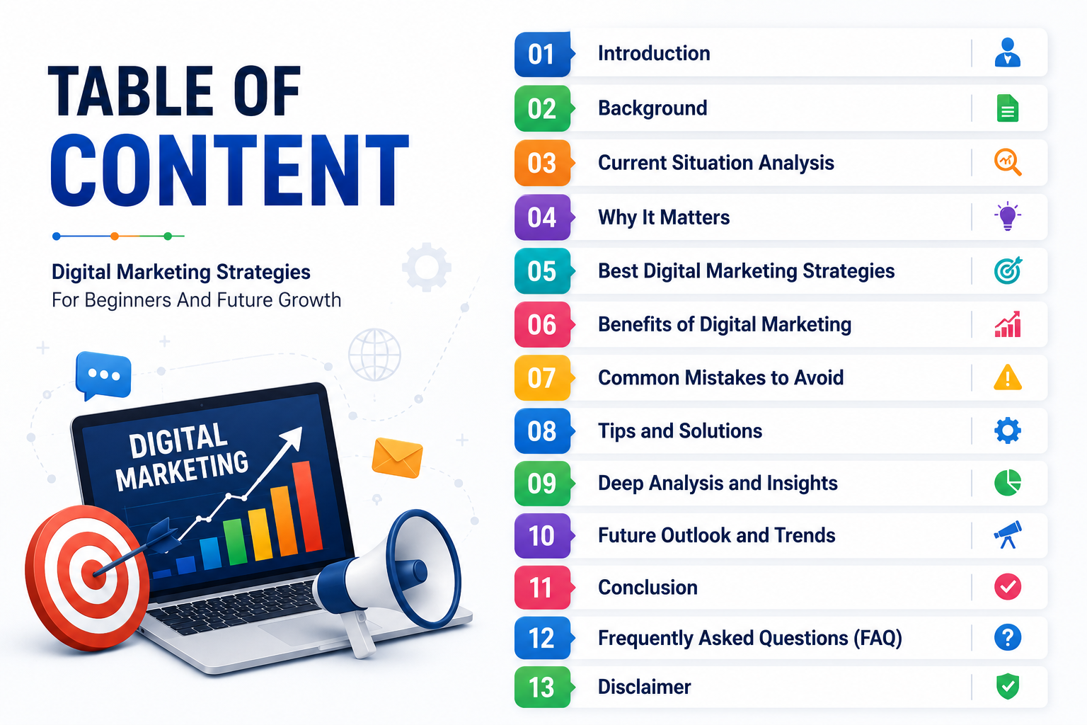 digital marketing strategies table of contents infographic with online marketing sections and business growth topics