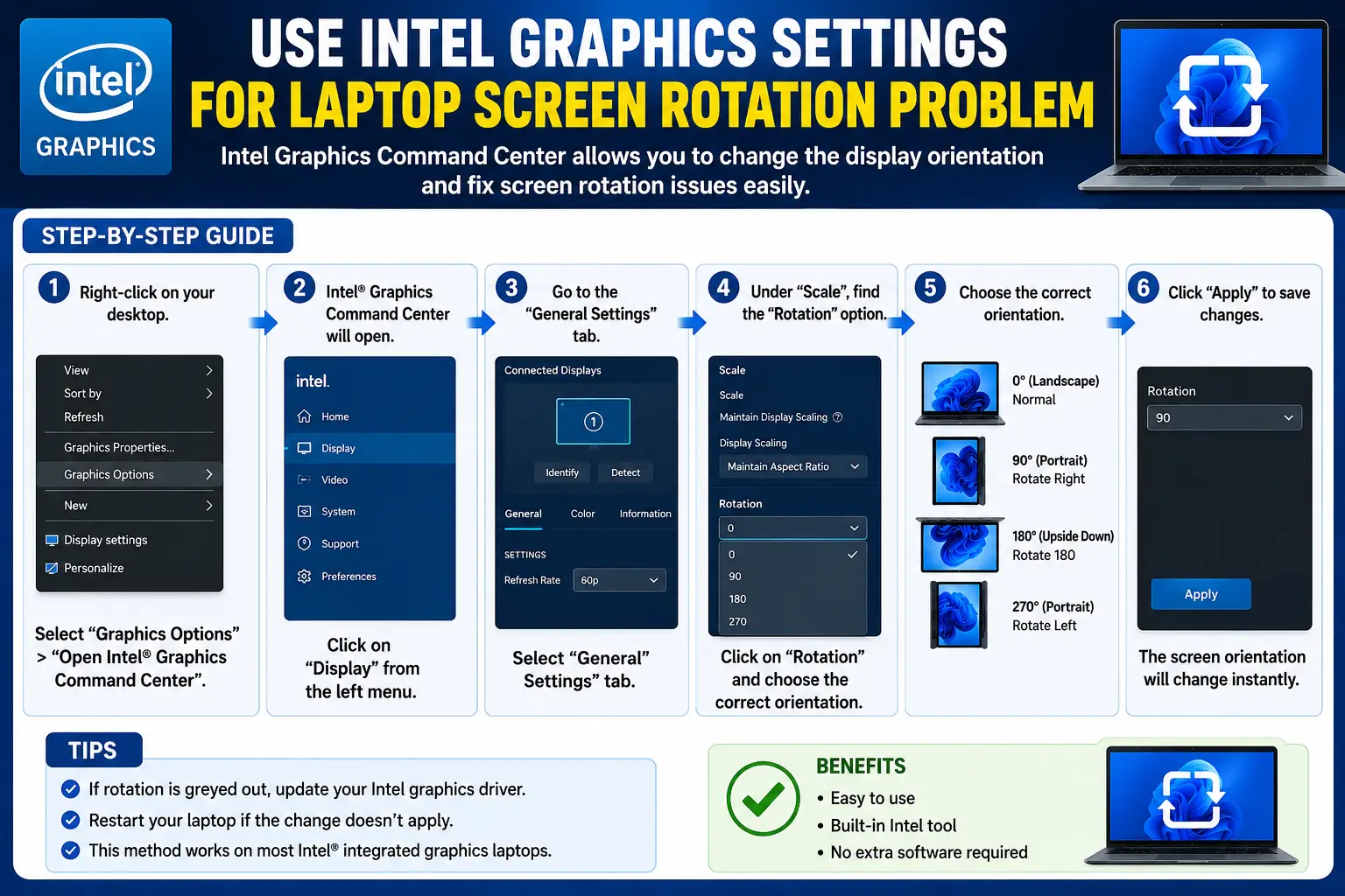 Windows laptop display orientation troubleshooting infographic