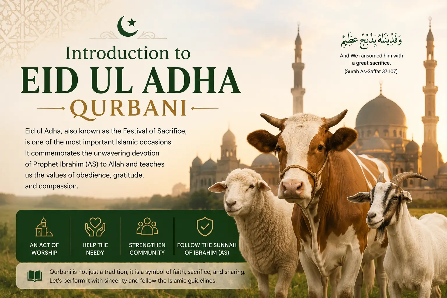 Introduction to Eid ul Adha Qurbani with Islamic sacrifice and healthy animals