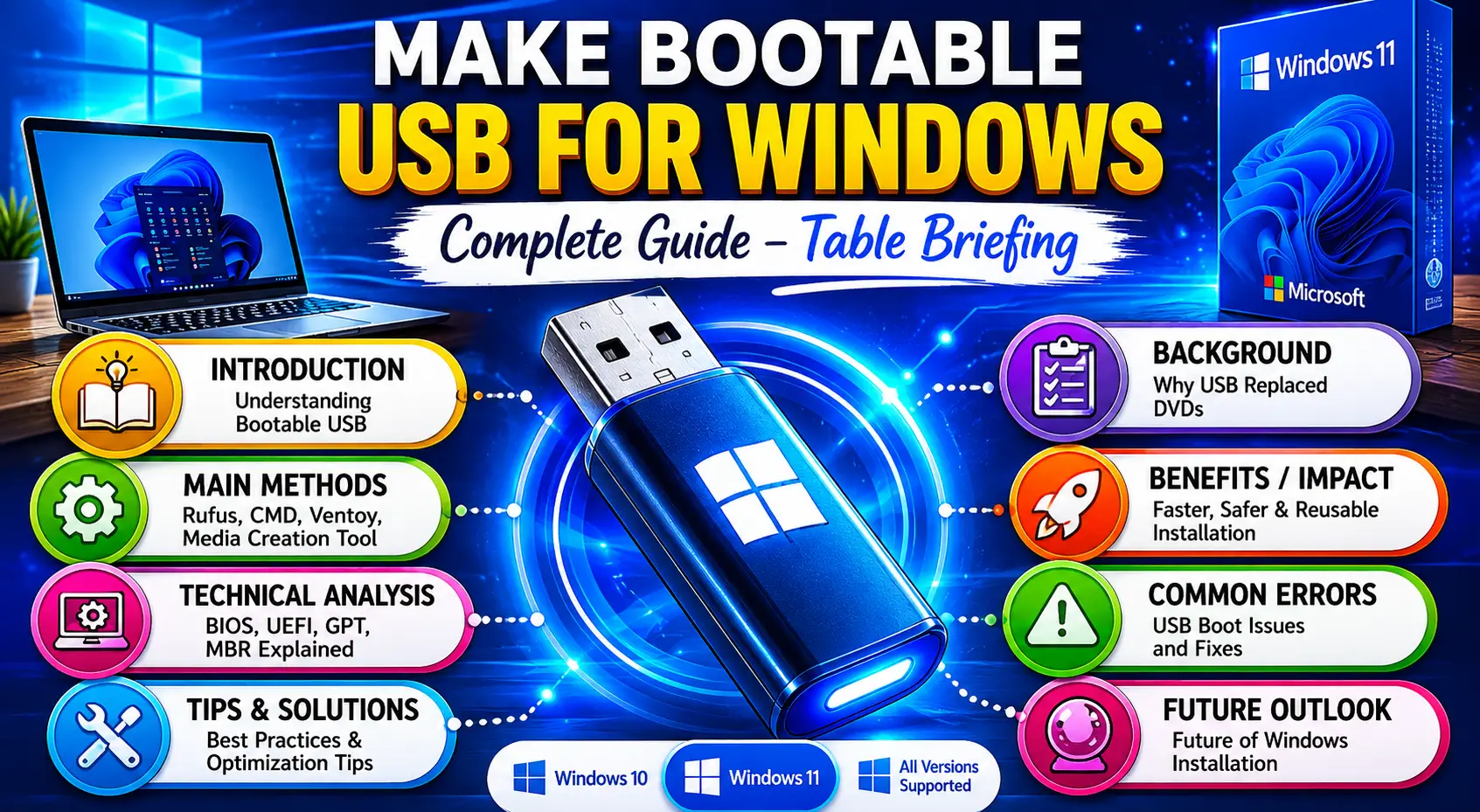 Table briefing infographic for make bootable USB for Windows tutorial