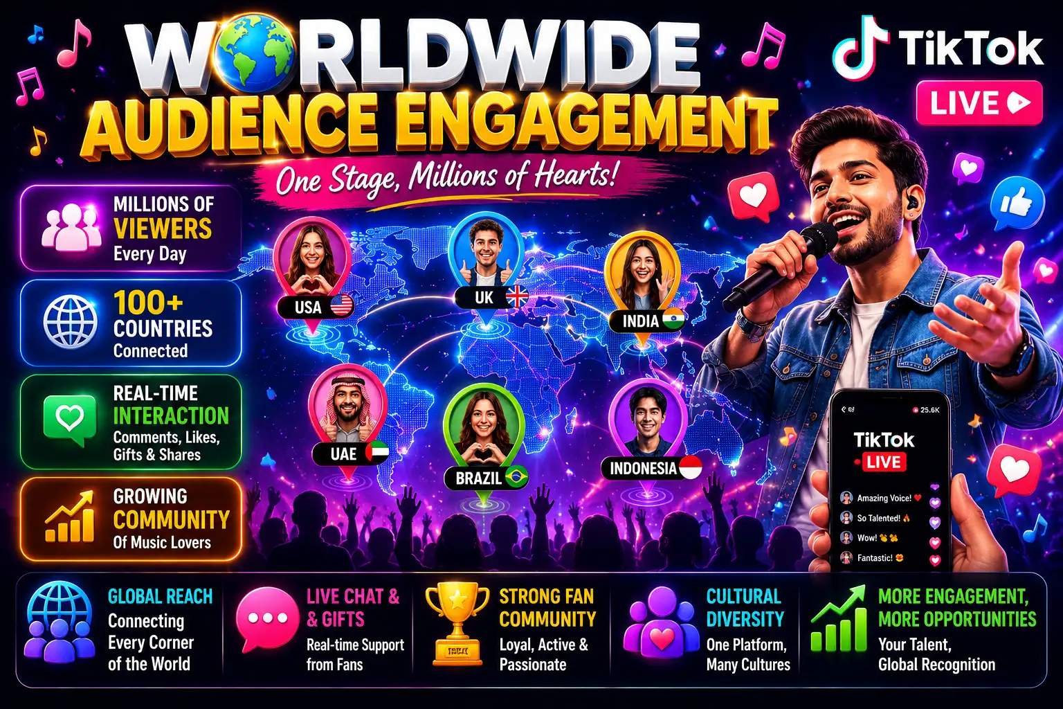 Global audience engagement during TikTok Live Singing Competition showing worldwide viewers, live singers, TikTok Live interaction, and international music community.