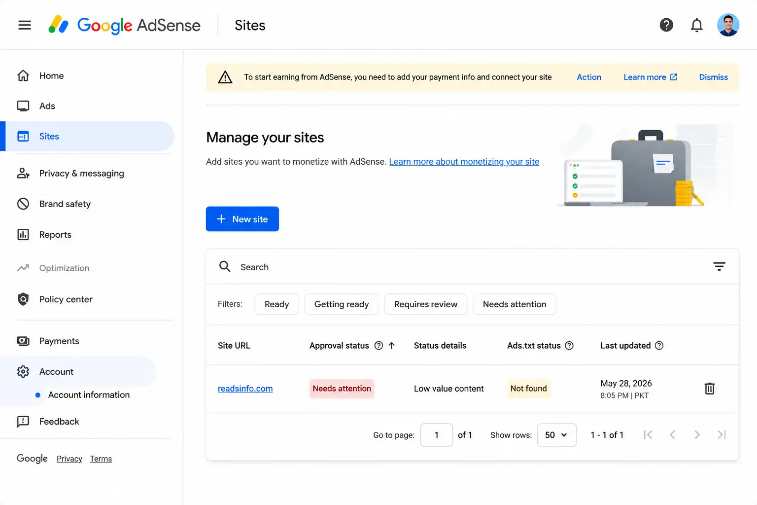 Google AdSense low value content issue dashboard screenshot