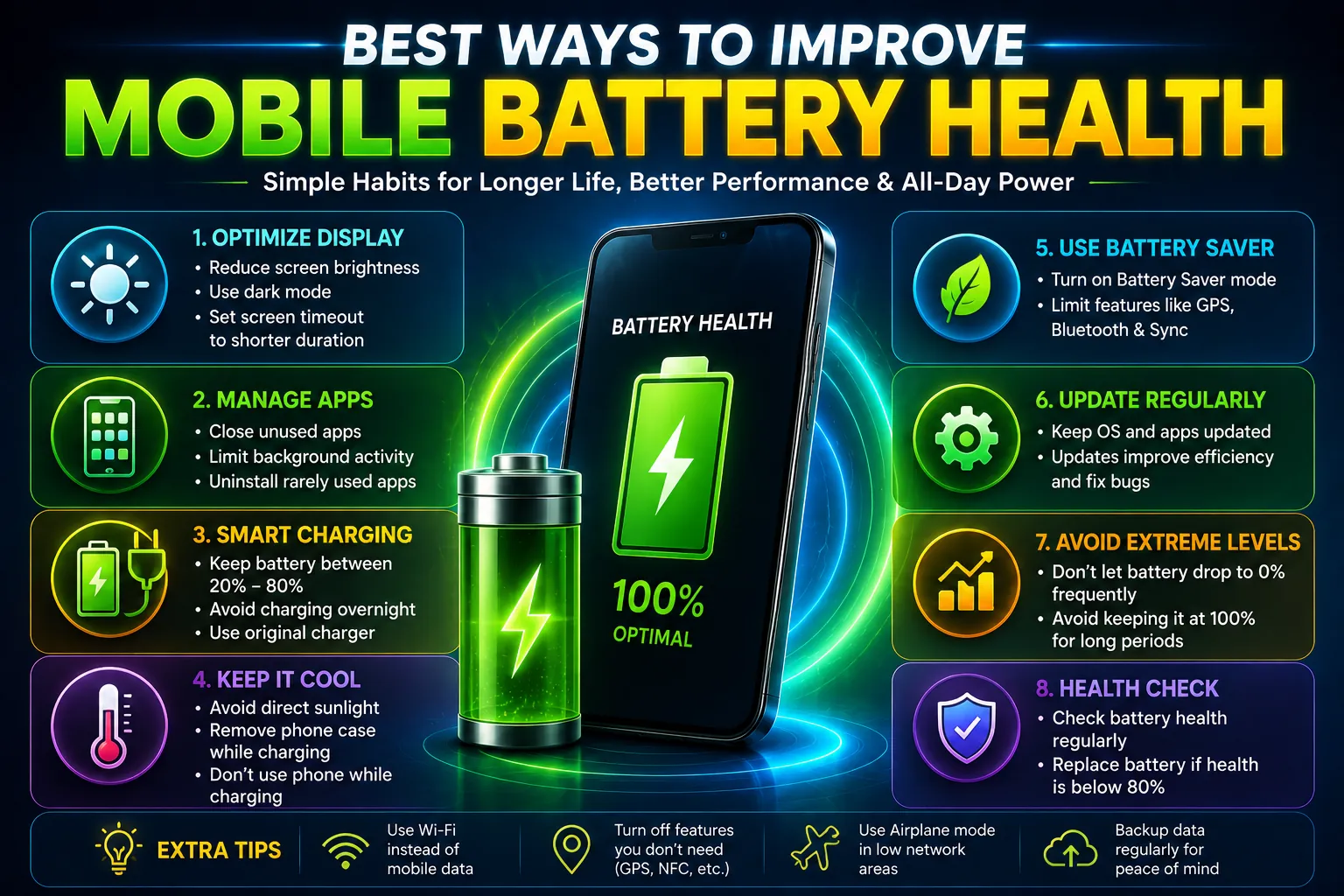 Best Ways to Improve Mobile Battery Health using smart charging, battery saver mode, app management, and battery optimization tips.