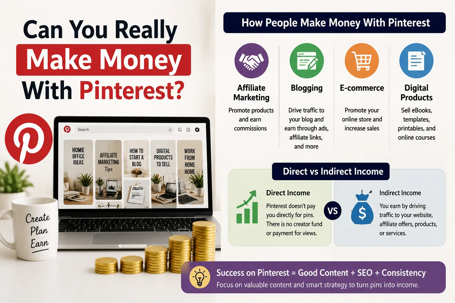 Infographic showing how creators earn money with Pinterest through affiliate marketing, blogging, e-commerce, digital products, and traffic generation strategies.