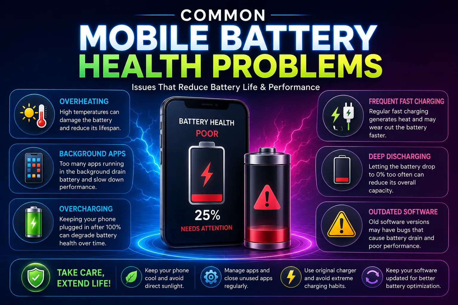 Common Mobile Battery Health Problems such as overheating, overcharging, background apps, fast charging, and battery drain.