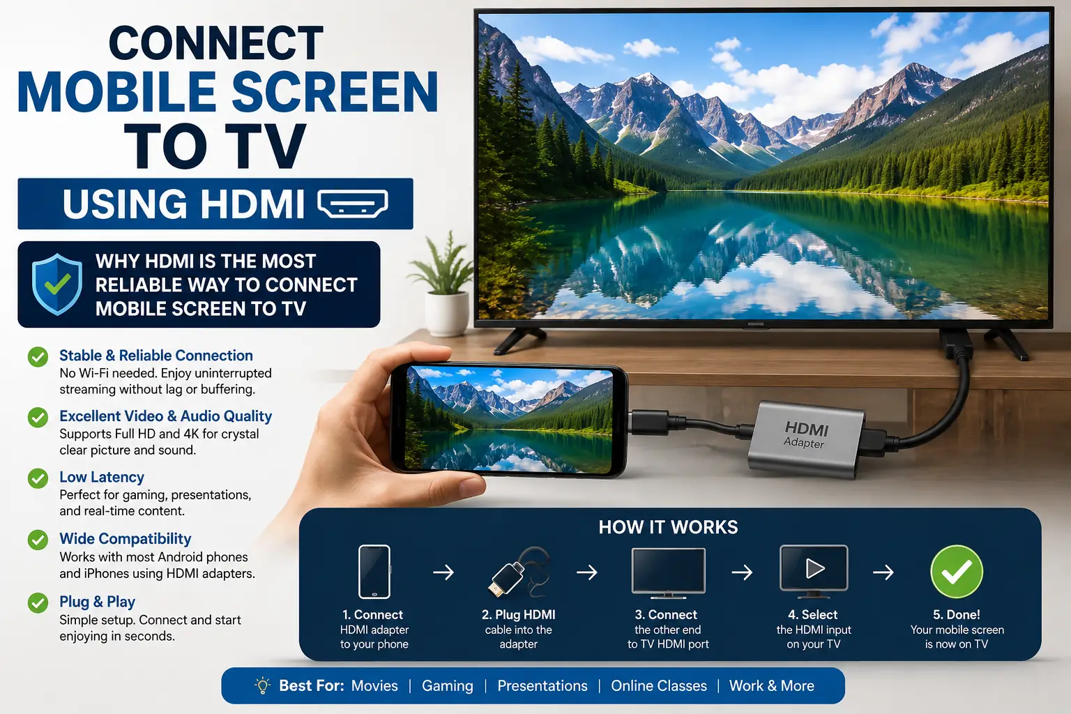 Smartphone connected to a TV using an HDMI adapter, demonstrating a reliable wired method for screen mirroring with high-quality video and audio.