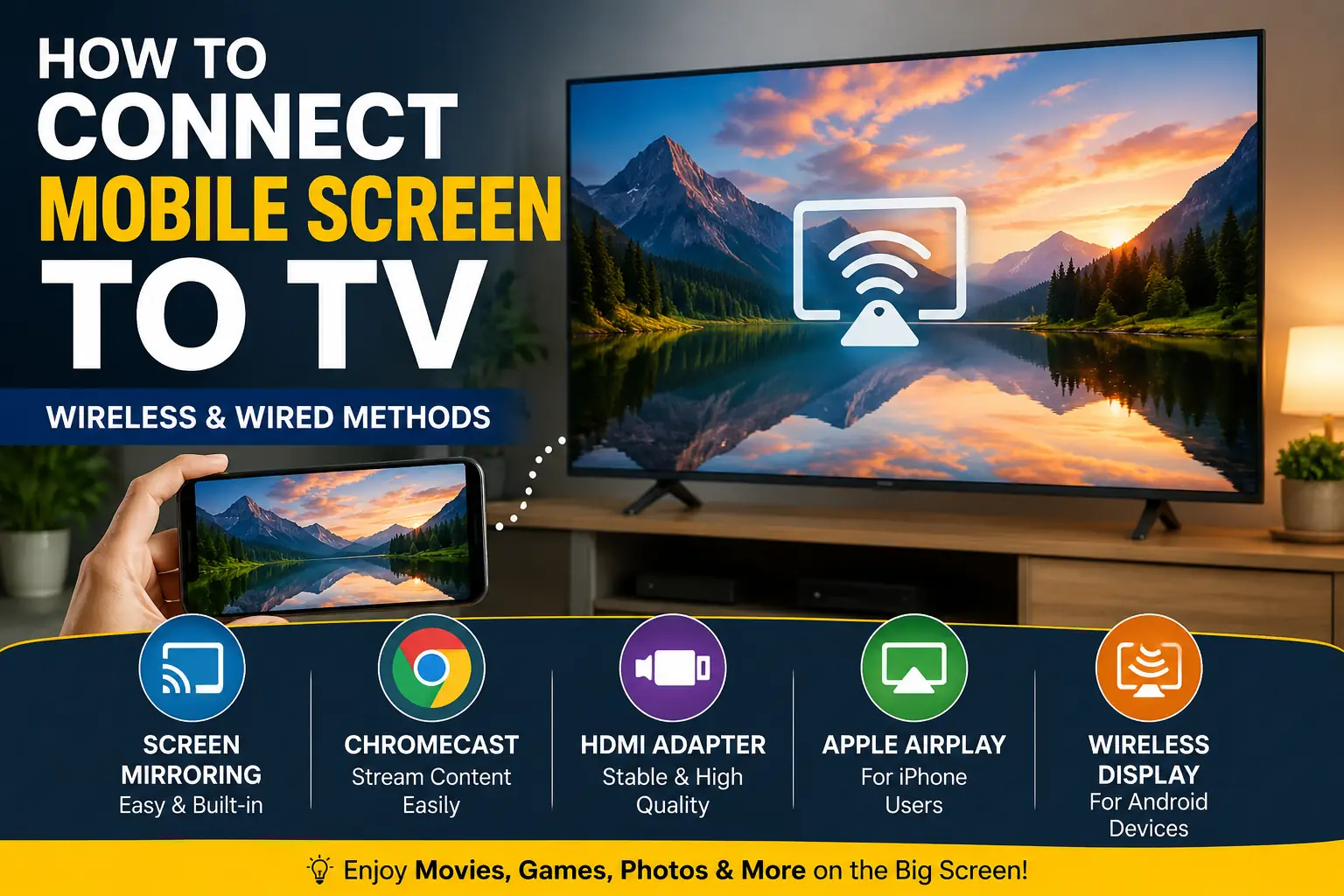 Smartphone connected to a television using screen mirroring, Chromecast, HDMI adapter, Apple AirPlay, and wireless display methods.