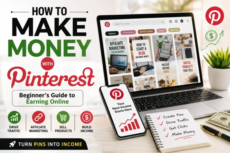 Infographic explaining how people make money with Pinterest through affiliate marketing, blogging, e-commerce, digital products, and traffic generation strategies.