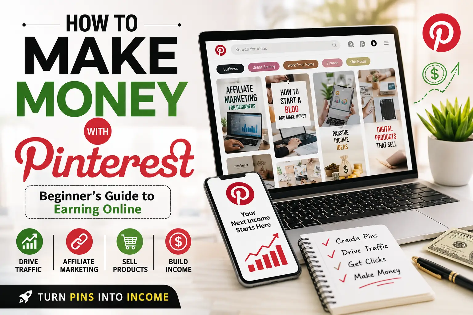 Infographic explaining how people make money with Pinterest through affiliate marketing, blogging, e-commerce, digital products, and traffic generation strategies.
