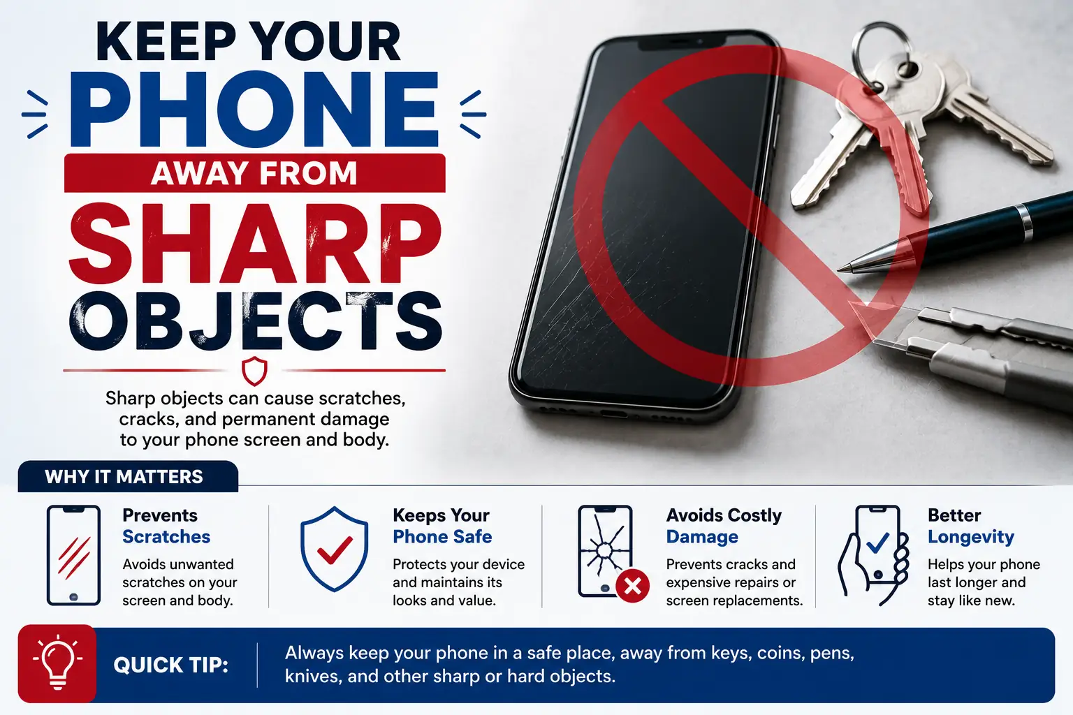 Infographic showing why phones should be kept away from keys, knives, pens, and other sharp objects to prevent screen scratches and damage.