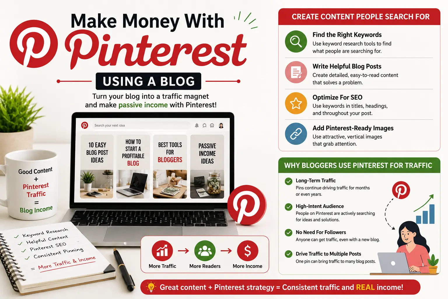 Infographic showing how bloggers use Pinterest traffic, keyword research, SEO, and content creation to grow blog visitors and generate online income.