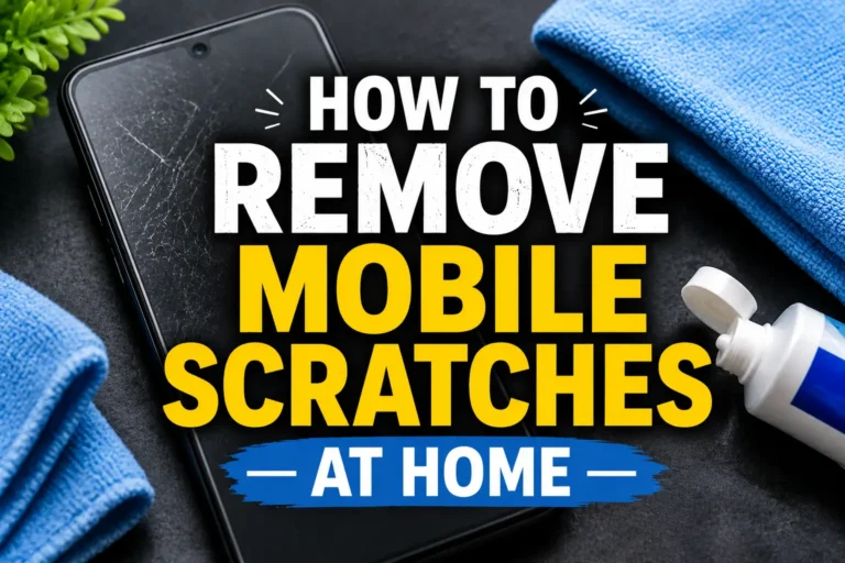Smartphone with visible screen scratches and cleaning tools demonstrating safe DIY methods to reduce minor mobile screen scratches at home.