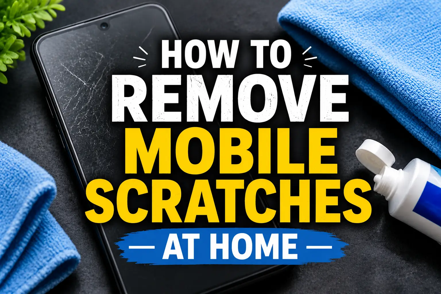 Smartphone with visible screen scratches and cleaning tools demonstrating safe DIY methods to reduce minor mobile screen scratches at home.