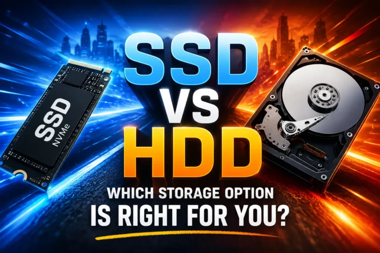 SSD vs HDD comparison infographic showing a modern SSD and traditional HDD with a speed, performance, and storage comparison for computer users.