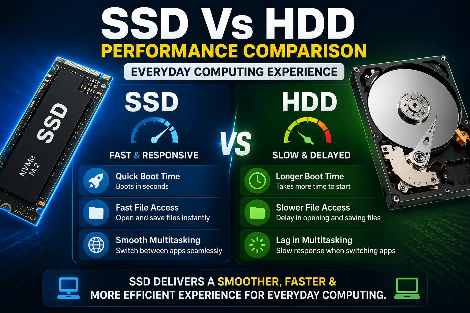 SSD vs HDD performance comparison showing faster boot times, file access, and multitasking performance of SSDs compared to HDDs for everyday computing tasks.