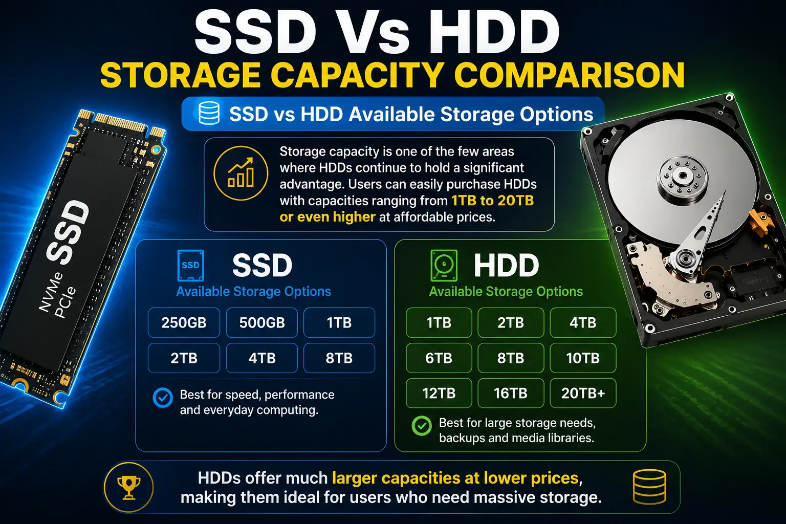 SSD vs HDD storage capacity comparison showing available storage options, with SSD capacities up to 8TB and HDD capacities ranging from 1TB to 20TB or more for large storage needs.