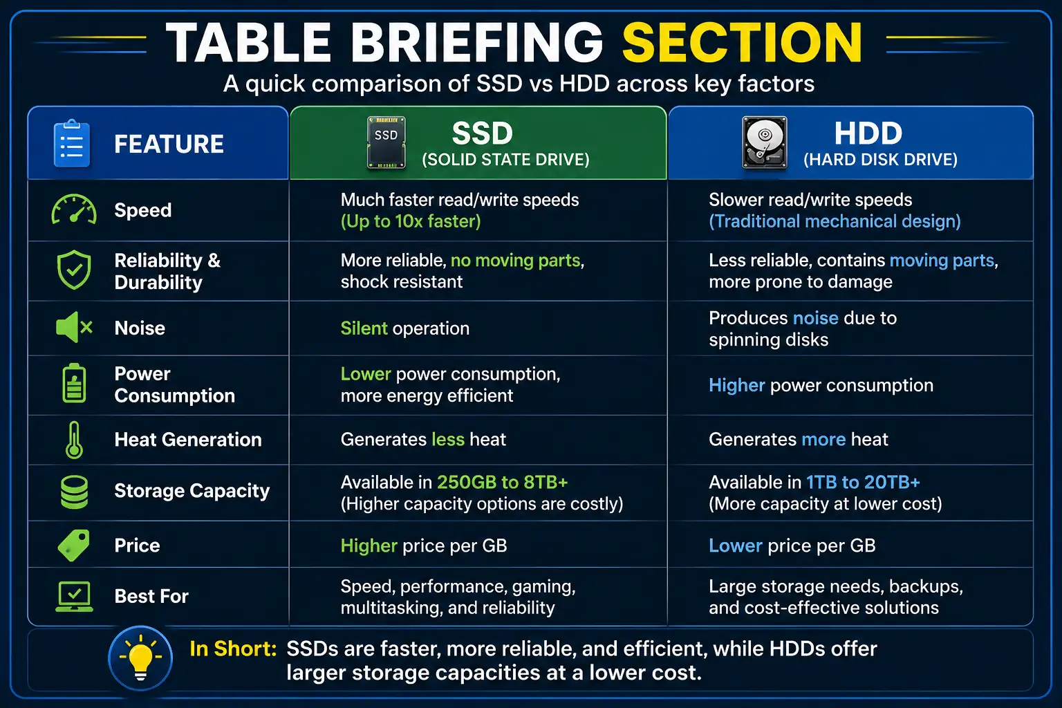 Infographic comparing storage drive features including speed, reliability, power consumption, storage capacity, noise levels, and pricing differences.
