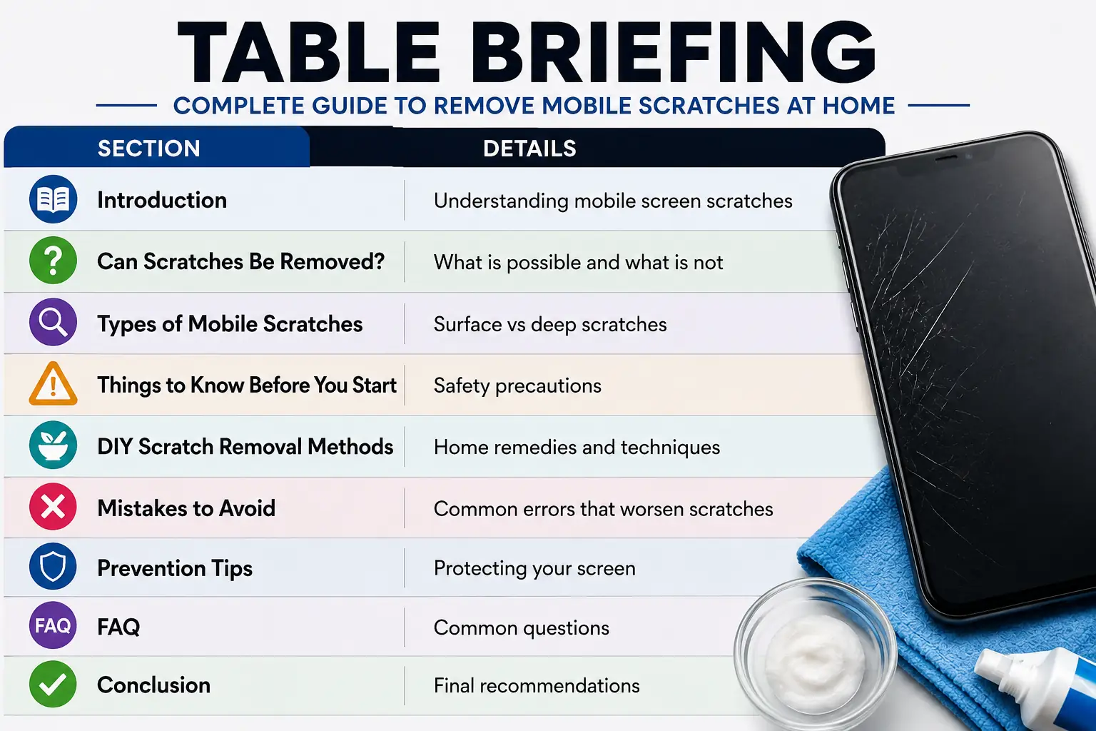 Infographic showing an overview of mobile screen scratch removal methods, safety precautions, prevention tips, FAQs, and repair recommendations.