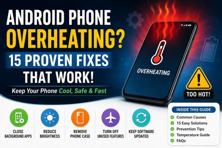 Featured image showing an overheating Android phone with warning icons and practical solutions to fix Android phone overheating, including reducing screen brightness, closing background apps, removing the phone case, and updating software.