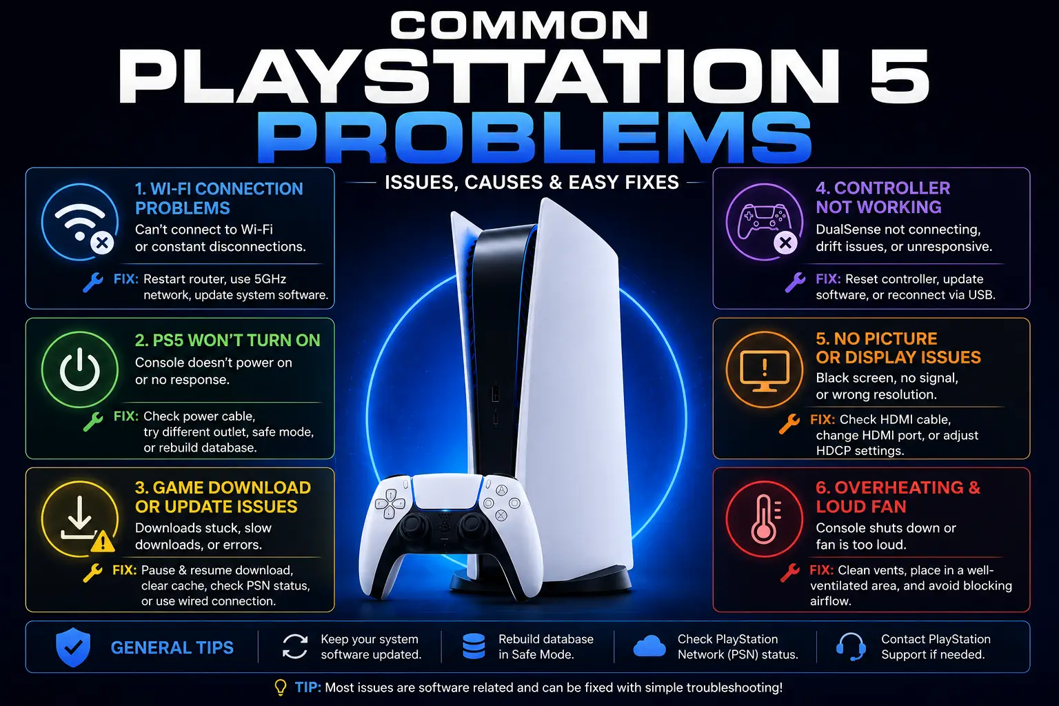 Infographic explaining common PlayStation 5 problems, including Wi-Fi connection issues, PS5 not turning on, download errors, controller problems, display issues, and overheating with troubleshooting tips.