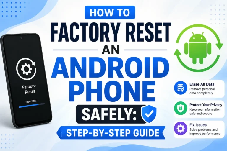 Illustration showing how to factory reset an Android phone safely with a step-by-step guide, reset icon, Android logo, and smartphone for beginners.