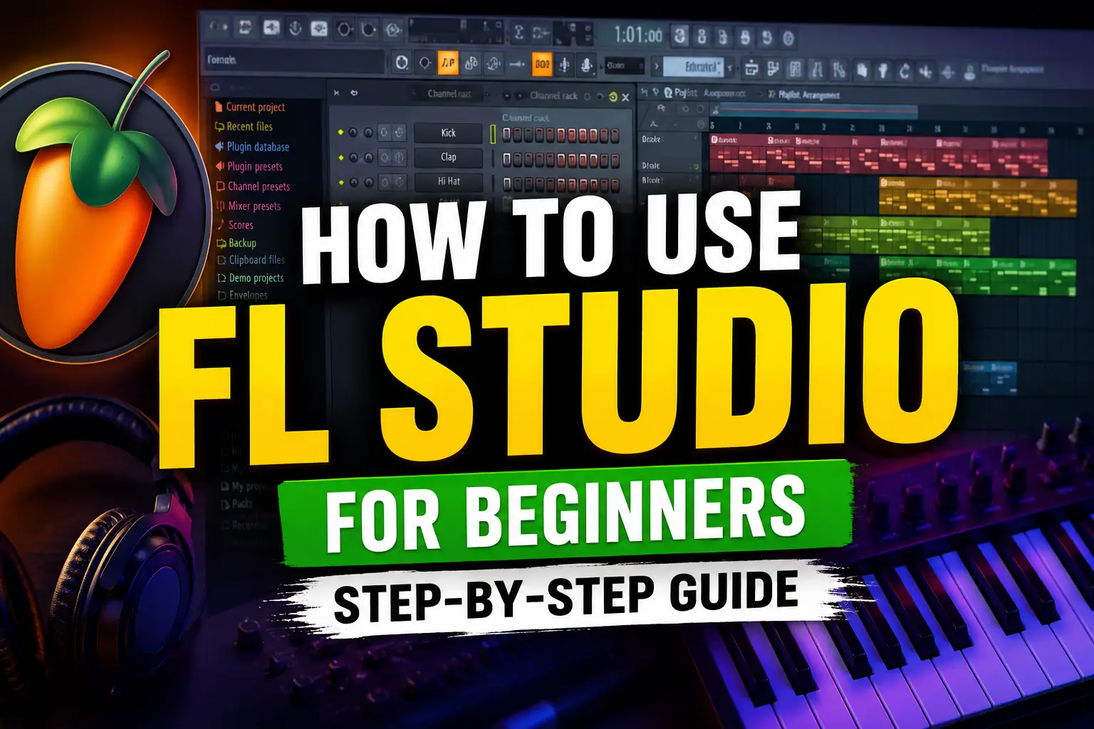 FL Studio interface showing music production tools, playlist, piano roll, and mixer for beginners learning how to use FL Studio.
