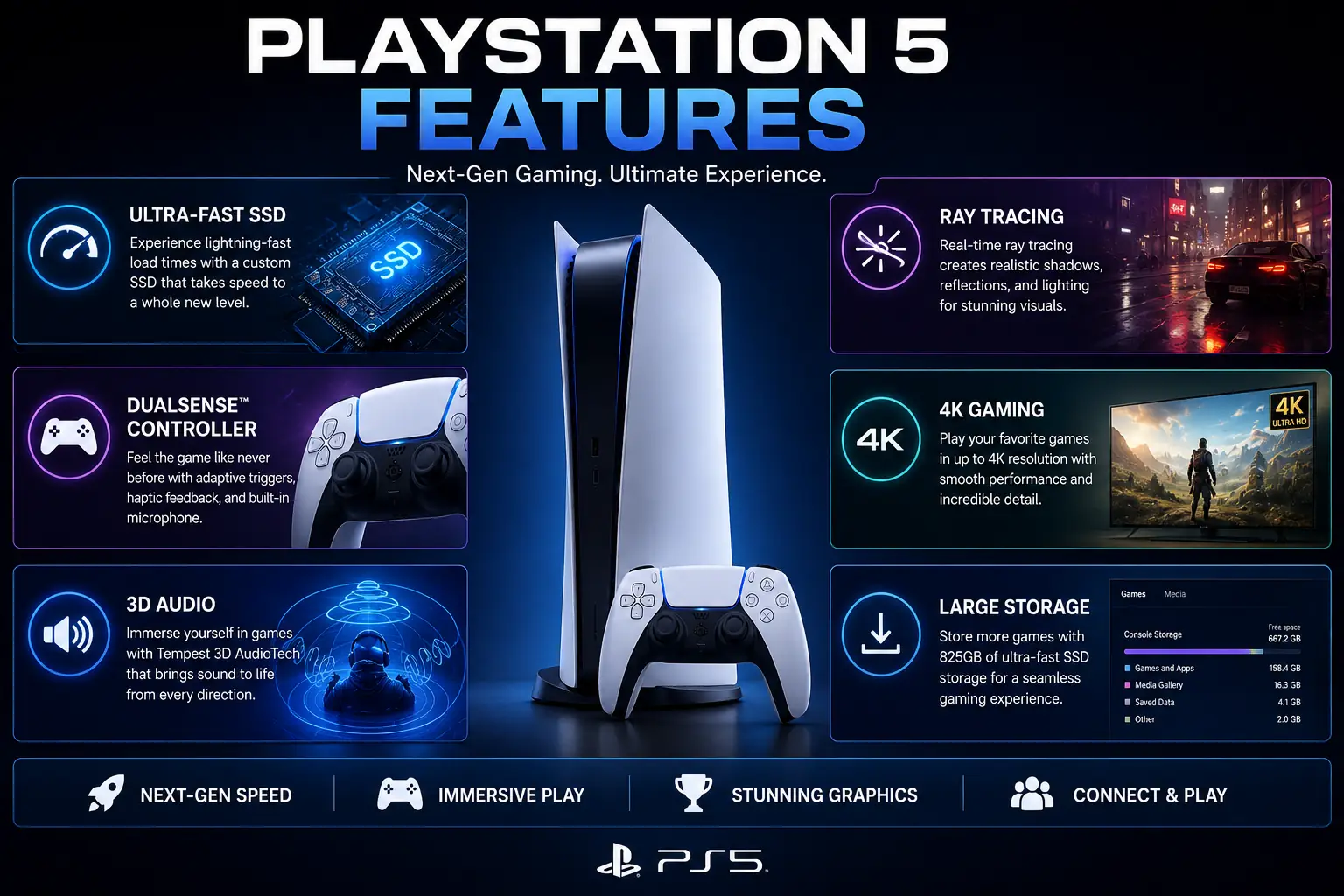 Infographic highlighting the main PlayStation 5 features, including ultra-fast SSD, DualSense controller, ray tracing, 4K gaming, 3D audio, and high-speed storage.