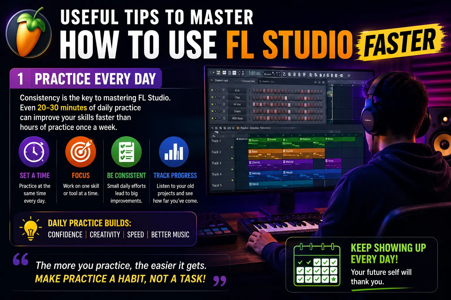 Infographic showing useful tips to master FL Studio faster, including practicing every day, staying consistent, focusing on one skill at a time, and tracking progress.