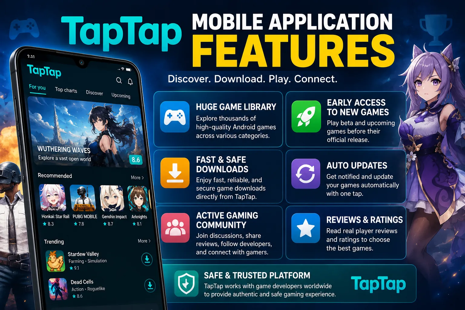 TapTap mobile application features including huge game library, early access games, fast downloads, auto updates, reviews, and gaming community.