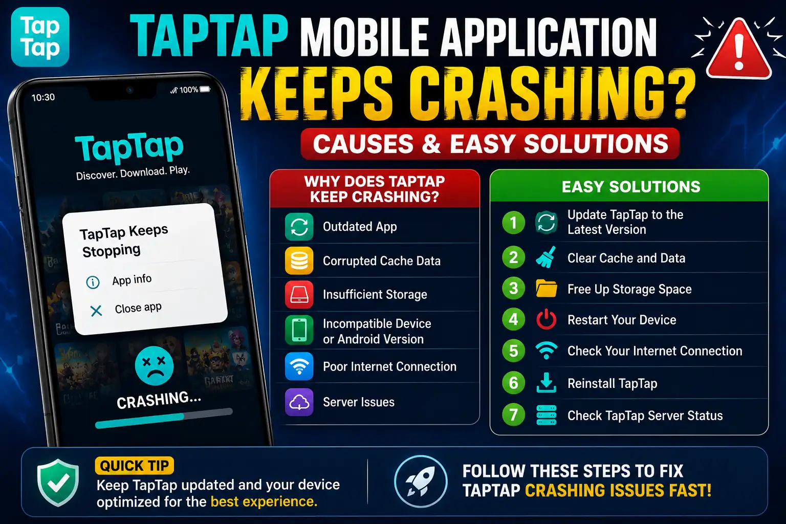 TapTap mobile application keeps crashing infographic showing common causes and easy solutions for Android users.
